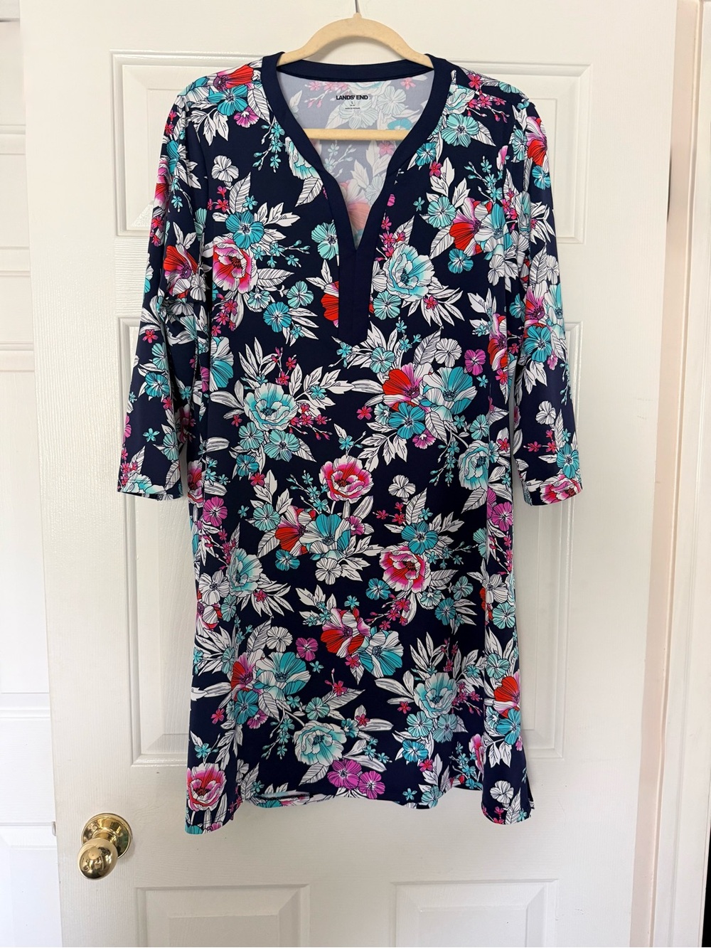 Lands' End Navy Floral Split-Neck Midi Dress